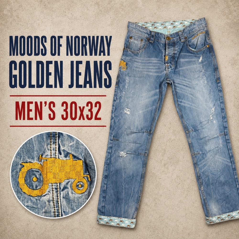 Moods of Norway Golden Jeans Mens 30x32 Light Wash Distressed Tractor Blue Denim